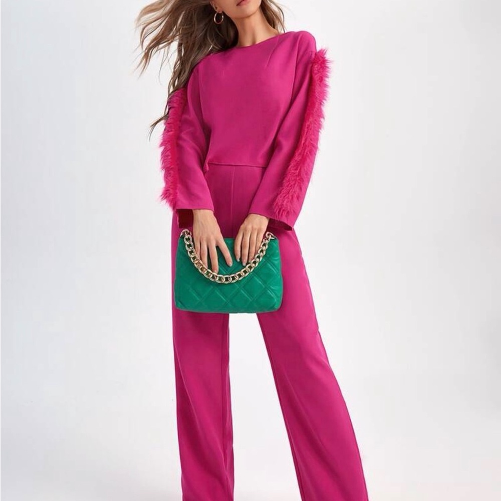 Elegant Pink Jumpsuit with Feather Detail NWOT